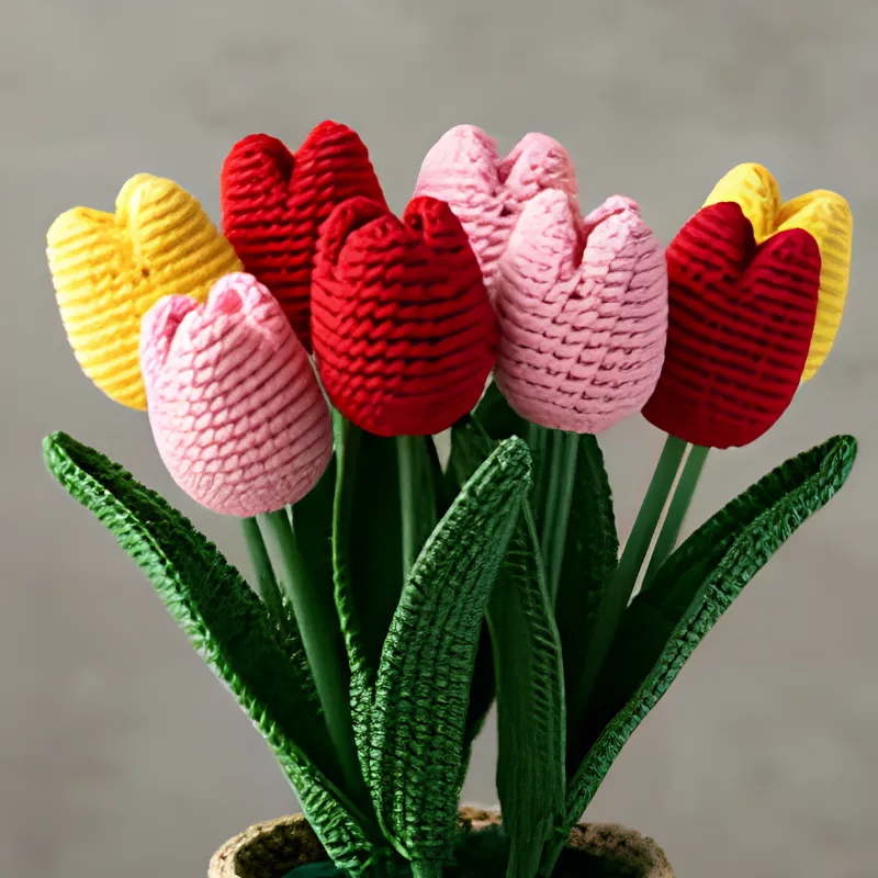 Colorful handmade crochet tulips
