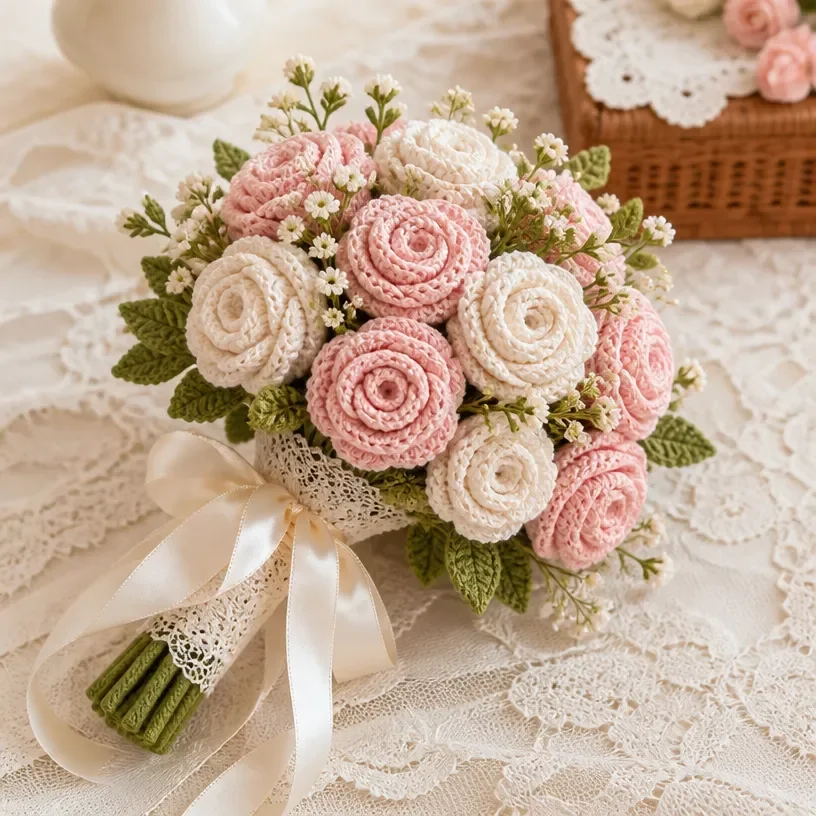 Crochet bridal rose bouquet showcasing delicate handcrafted flowers.