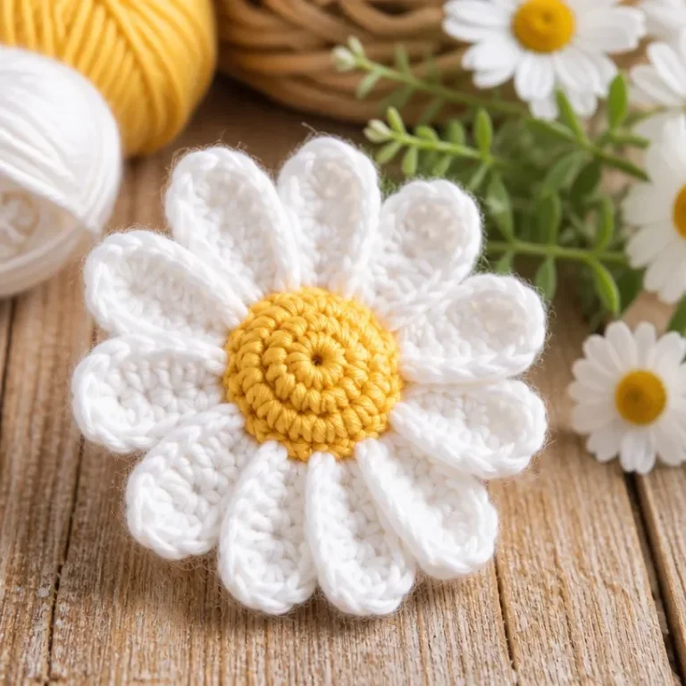 Colorful crochet daisy flower created with yarn for crafts and decor