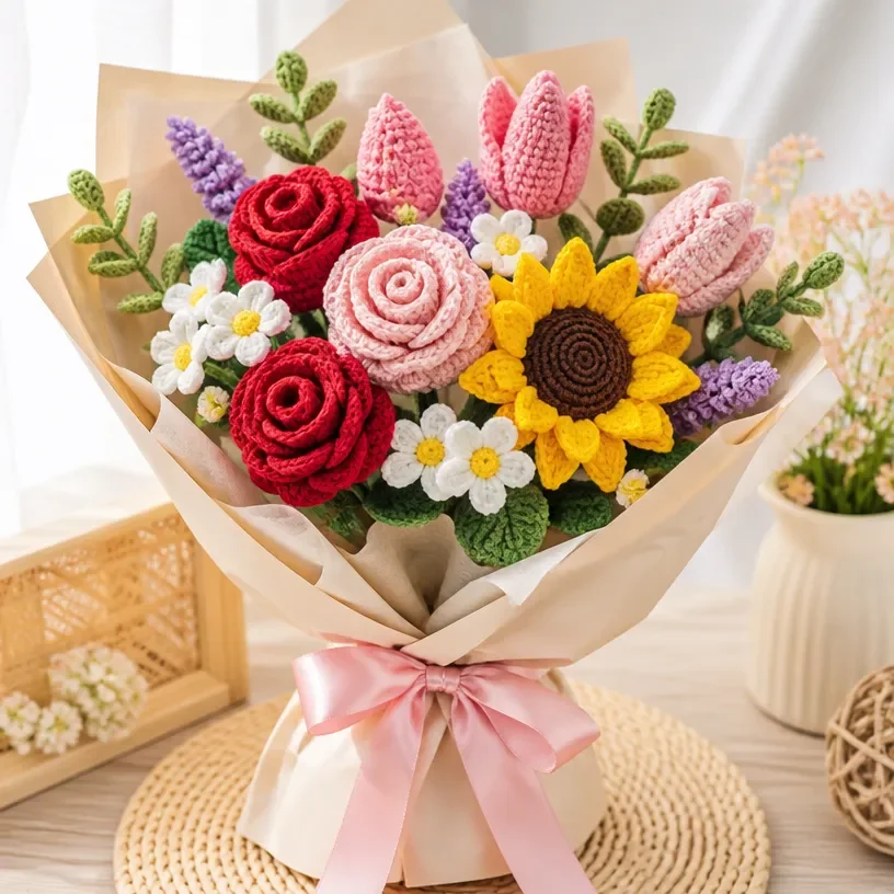 Handcrafted crochet flower bouquet in vibrant colors.