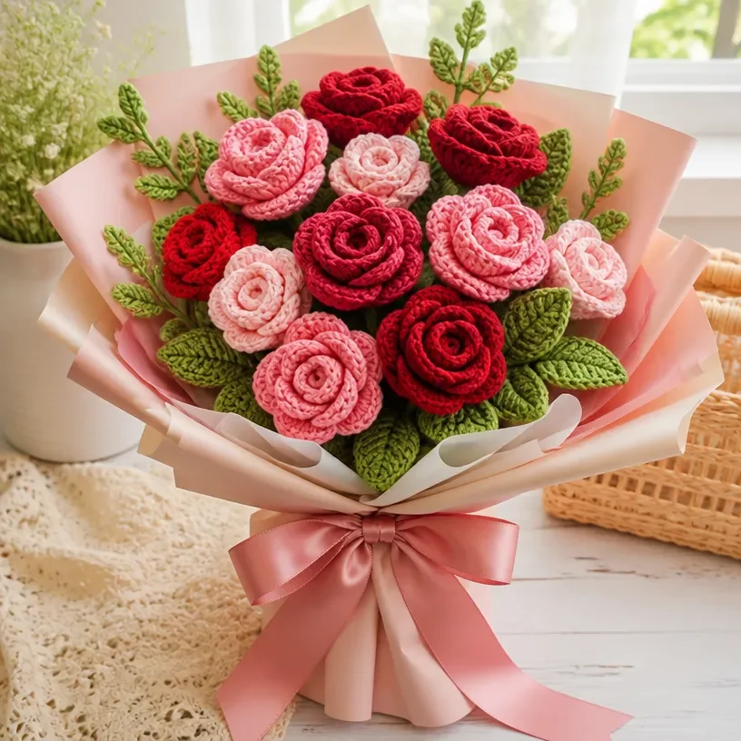 Step-by-step guide for assembling a crochet rose bouquet