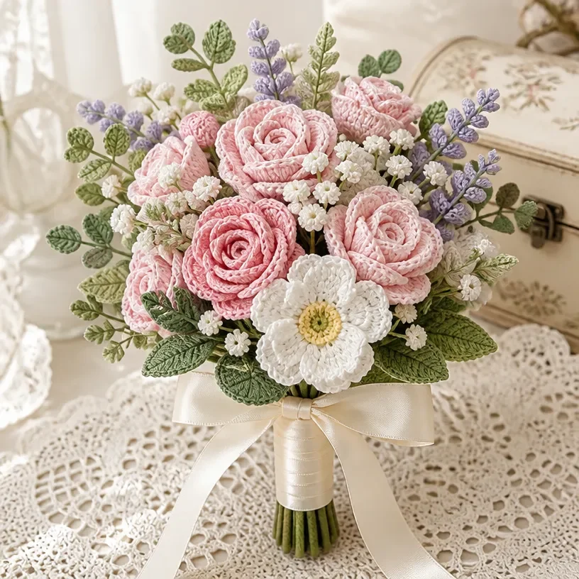 A beautiful crochet wedding bouquet, showcasing intricate designs and vibrant colors.