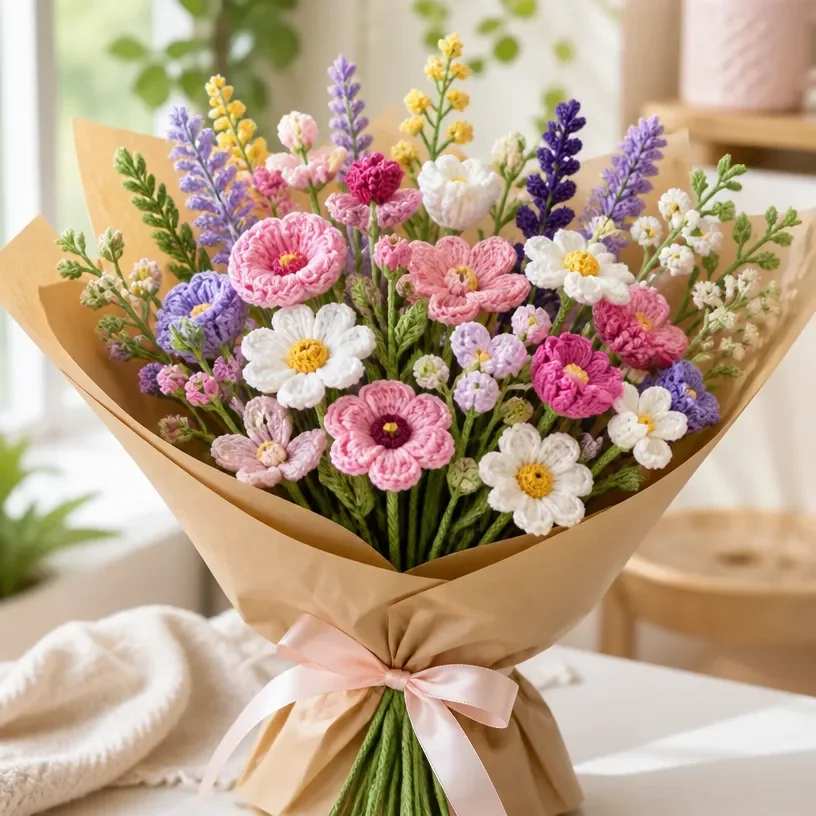 Colorful crochet wildflower bouquet displayed in a vase