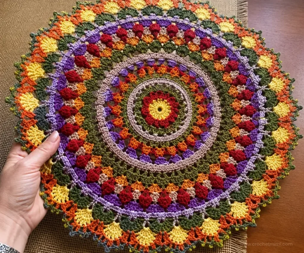 Beginner-friendly mandala crochet doily pattern designed for easy crafting.