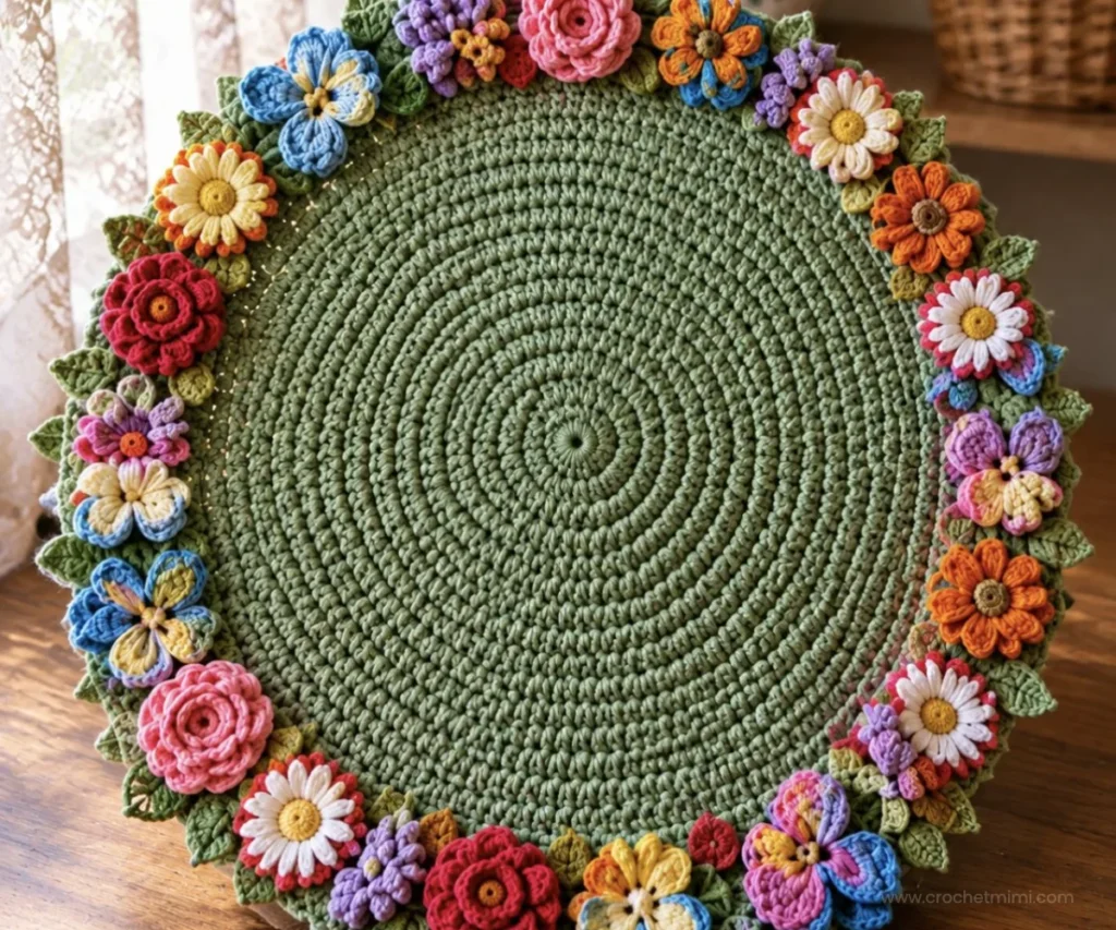 Blooming Bouquet crochet blanket pattern with colorful floral designs.