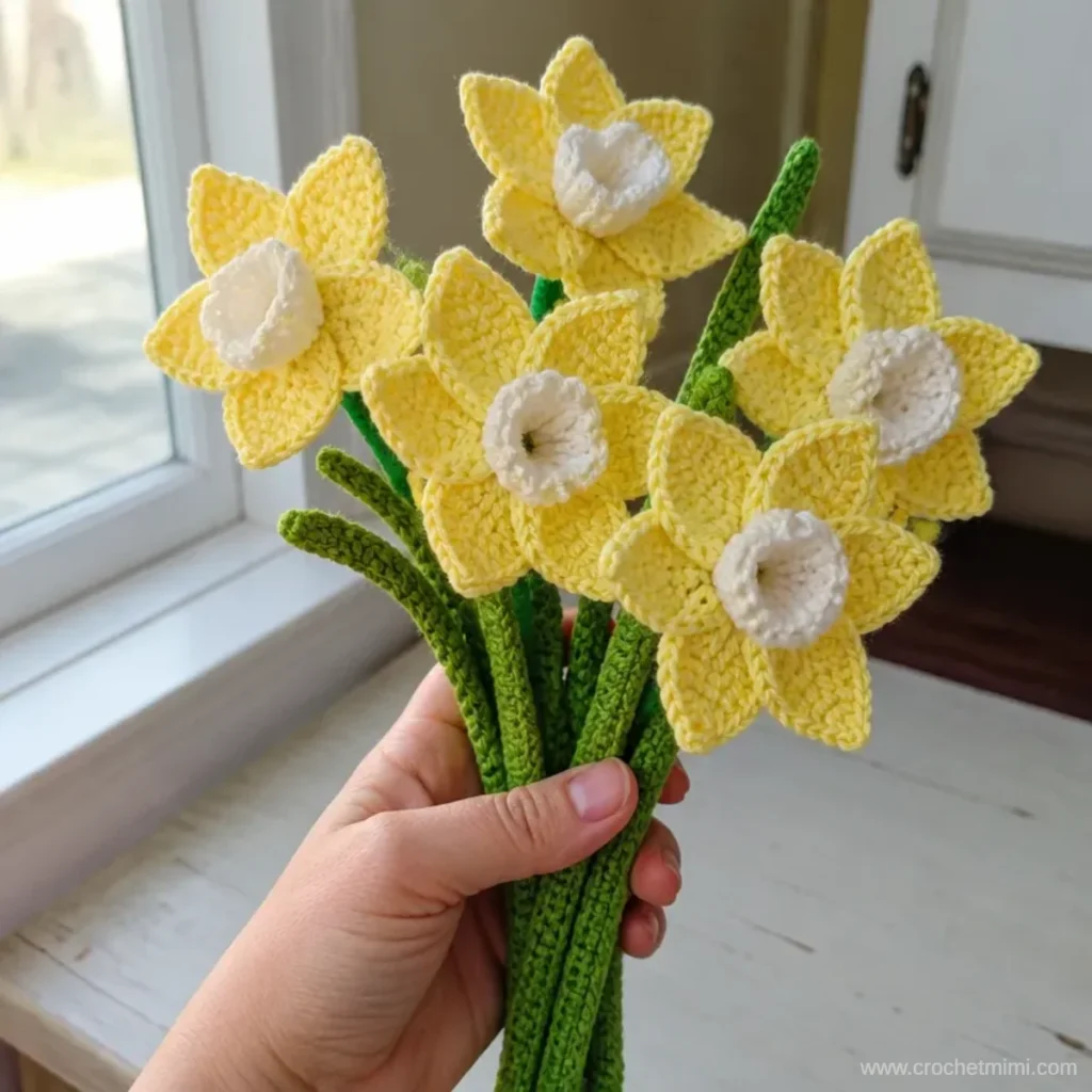 Crochet Daffodil Bouquet Pattern featuring colorful crochet flowers