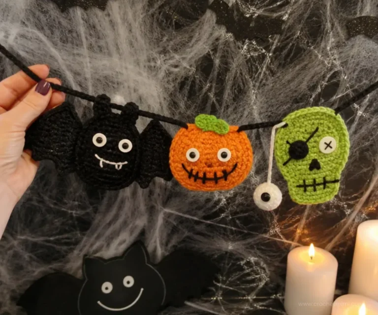 Crochet Halloween banner pattern for DIY party decorations.