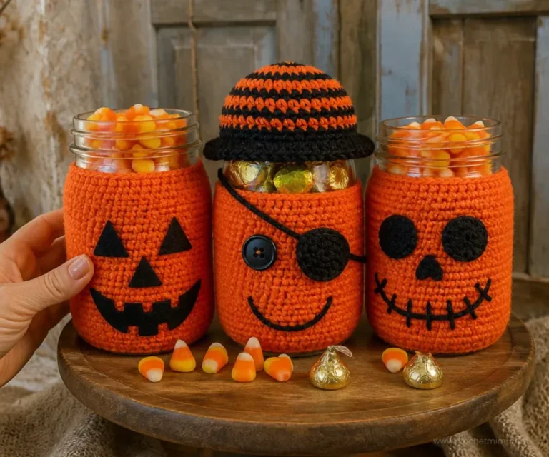 Crochet Halloween jar cozies for decorative spooky jar covers