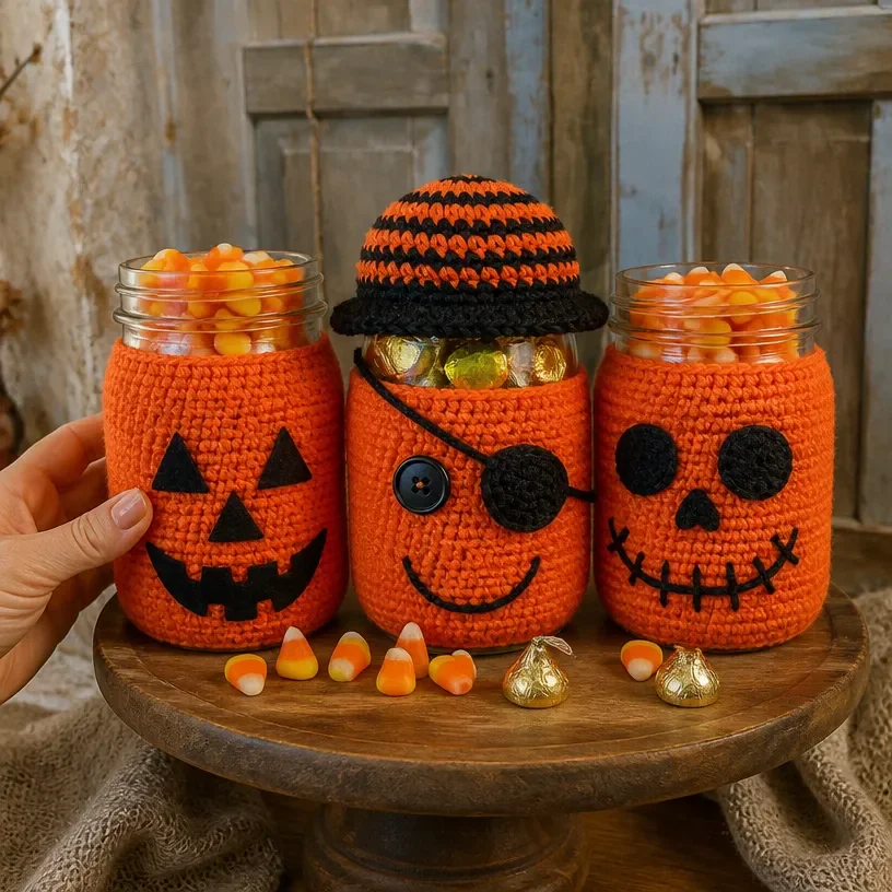 Crochet Halloween jar cozies for decorative spooky jar covers