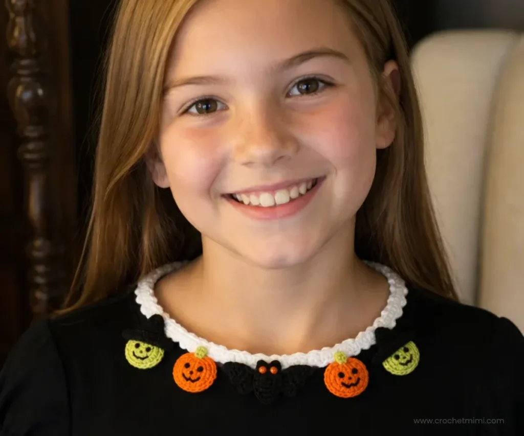 Crochet Halloween necklace pattern tutorial with unique motifs.