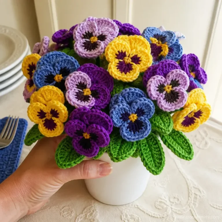 Crochet pansy bouquet pattern for beginners showcasing colorful flowers.