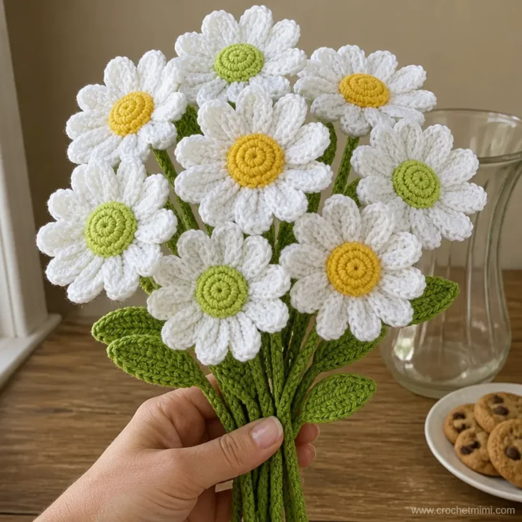 Daisy Bouquet Crochet Pattern Tutorial with colorful flowers and yarn.