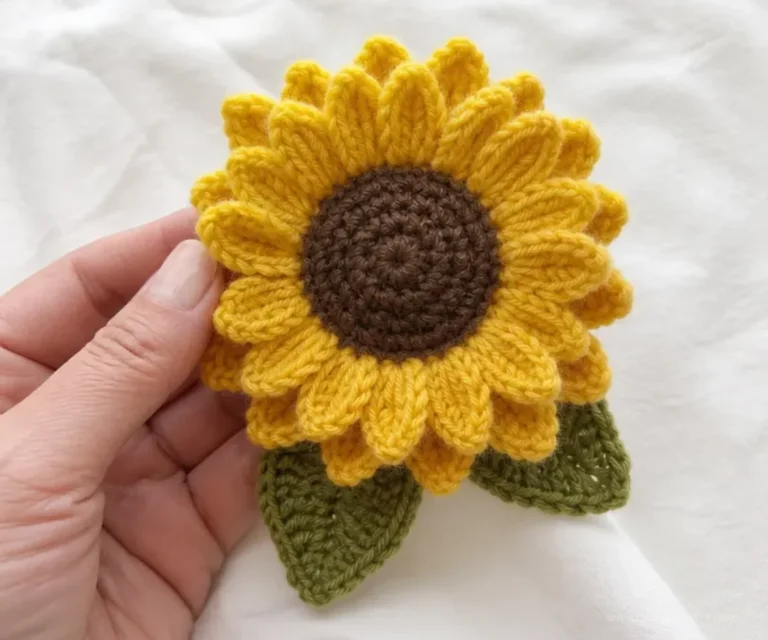Crochet sunflower pin tutorial with colorful felted design.