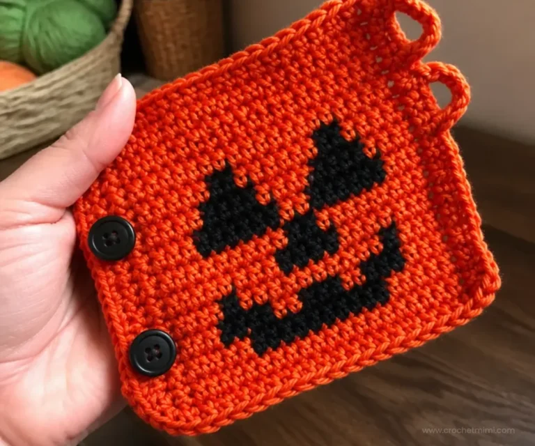Crochet pattern for a spooky Halloween pumpkin cuff.